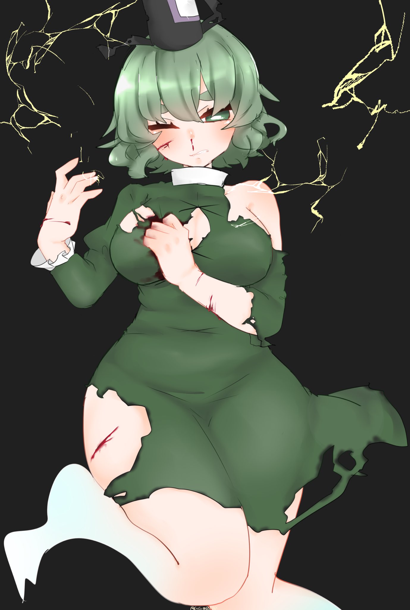 1girl bangs belly black_background blood bloody_nose breasts cleavage commentary_request curvy cuts defeat dress electricity eyebrows ghost_tail gishiko_(kog_0130) green_dress green_eyes green_hair hair_between_eyes hand_up hat highres injury leg_up legs long_sleeves medium_breasts one_eye_closed puffy_long_sleeves puffy_sleeves scar scar_on_cheek shiny shiny_hair signature simple_background soga_no_tojiko solo tate_eboshi taut_clothes taut_dress thick_eyebrows thick_thighs thighs torn_clothes torn_sleeves touhou turtleneck twitter_username waist wide_hips