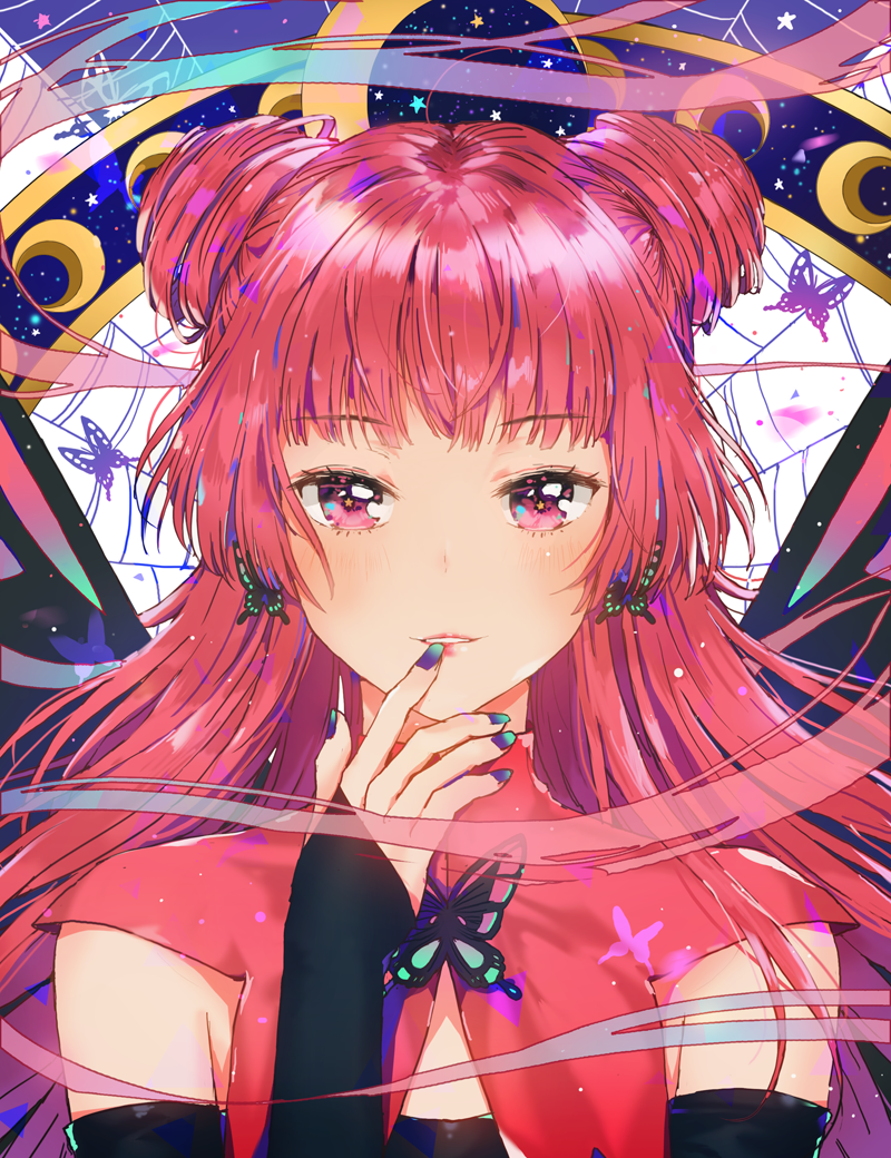 androgynous bangs black_gloves blunt_bangs blush butterfly butterfly_earrings butterfly_print butterfly_wings cardcaptor_sakura crescent dangmill double_bun eyebrows eyebrows_visible_through_hair eyelashes finger_to_mouth gloves light_particles light_smile long_hair looking_at_viewer nail_polish parted_lips pink_eyes portrait red_lips redhead ruby_moon silhouette silk solo spider_web star wings