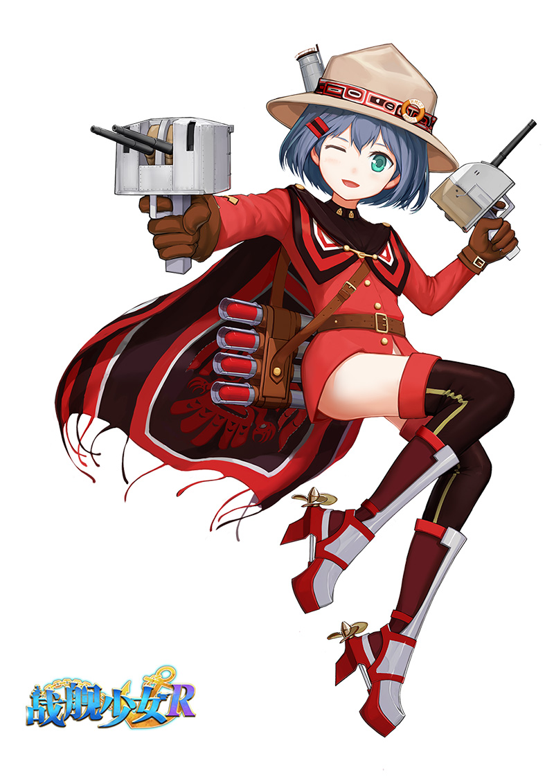 1girl ;d belt belt_buckle bent_knees black_legwear blue_hair blush bottomless brown_gloves buckle buttons cannon cape commentary copyright_name full_body gloves green_eyes haida_(zhan_jian_shao_nyu) hair_ornament hairclip hat holding holding_weapon jacket jiaoshouwen lifebuoy long_sleeves looking_at_viewer machinery mountie no_pants official_art one_eye_closed open_mouth propeller red_jacket rudder_shoes short_hair smile smokestack solo thigh-highs torpedo turret weapon white_background zhan_jian_shao_nyu