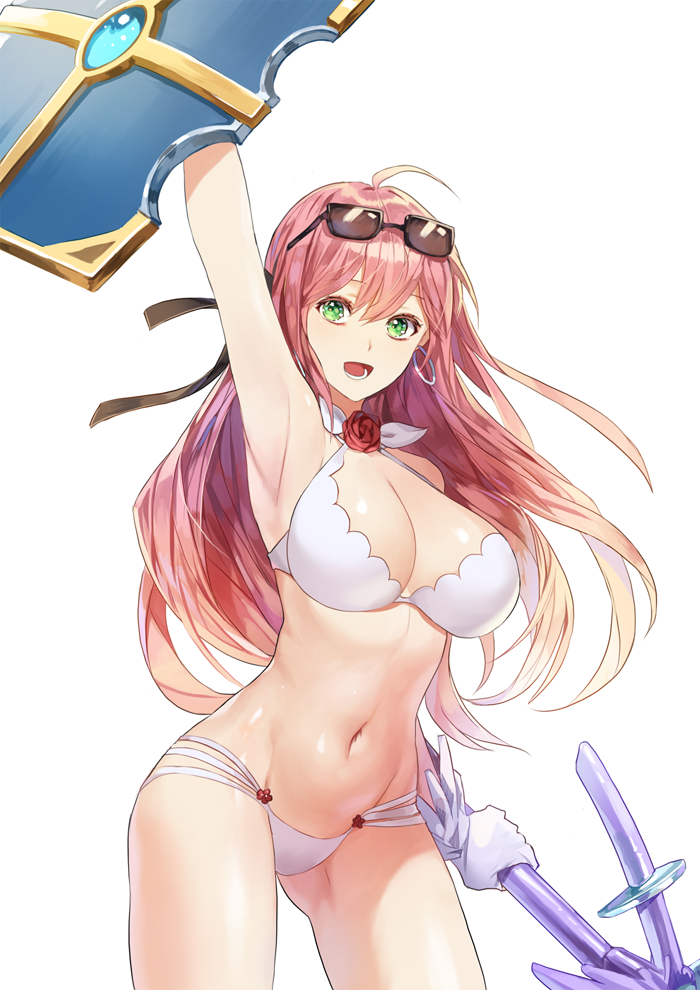 1girl arm_up armpits bikini breasts cleavage dungeon_and_fighter earrings green_eyes holding jewelry knight_(dungeon_and_fighter) limobok long_hair multi-strapped_bikini navel open_mouth pink_hair shield simple_background smile solo sunglasses sunglasses_on_head swimsuit weapon white_background white_bikini