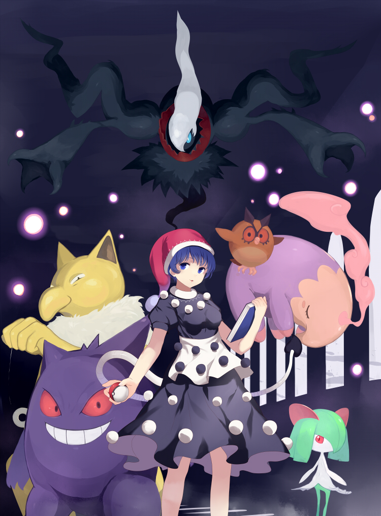 1girl abusoru animal_ears beak blue_eyes blue_hair book closed_eyes crossover darkrai doremy_sweet dress gengar grin hat hoothoot hypno kirlia looking_at_viewer musharna nightcap open_mouth poke_ball pokemon pokemon_(creature) pokemon_(game) puffy_sleeves red_eyes short_hair short_sleeves smile solo tail touhou