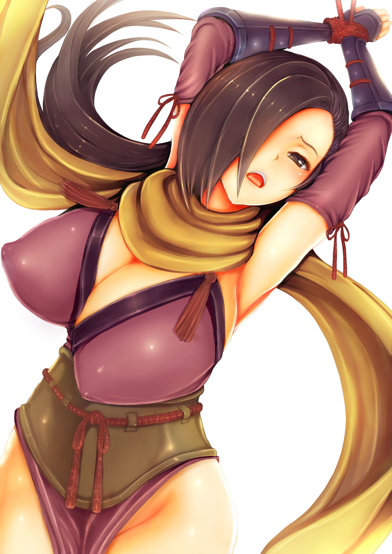 1girl arms_up bdsm blush bound bound_wrists breasts brown_eyes brown_hair cleavage covered_nipples fire_emblem fire_emblem_if groin hair_over_one_eye huge_breasts kagerou_(fire_emblem_if) long_hair ponytail scarf solo teruru white_background
