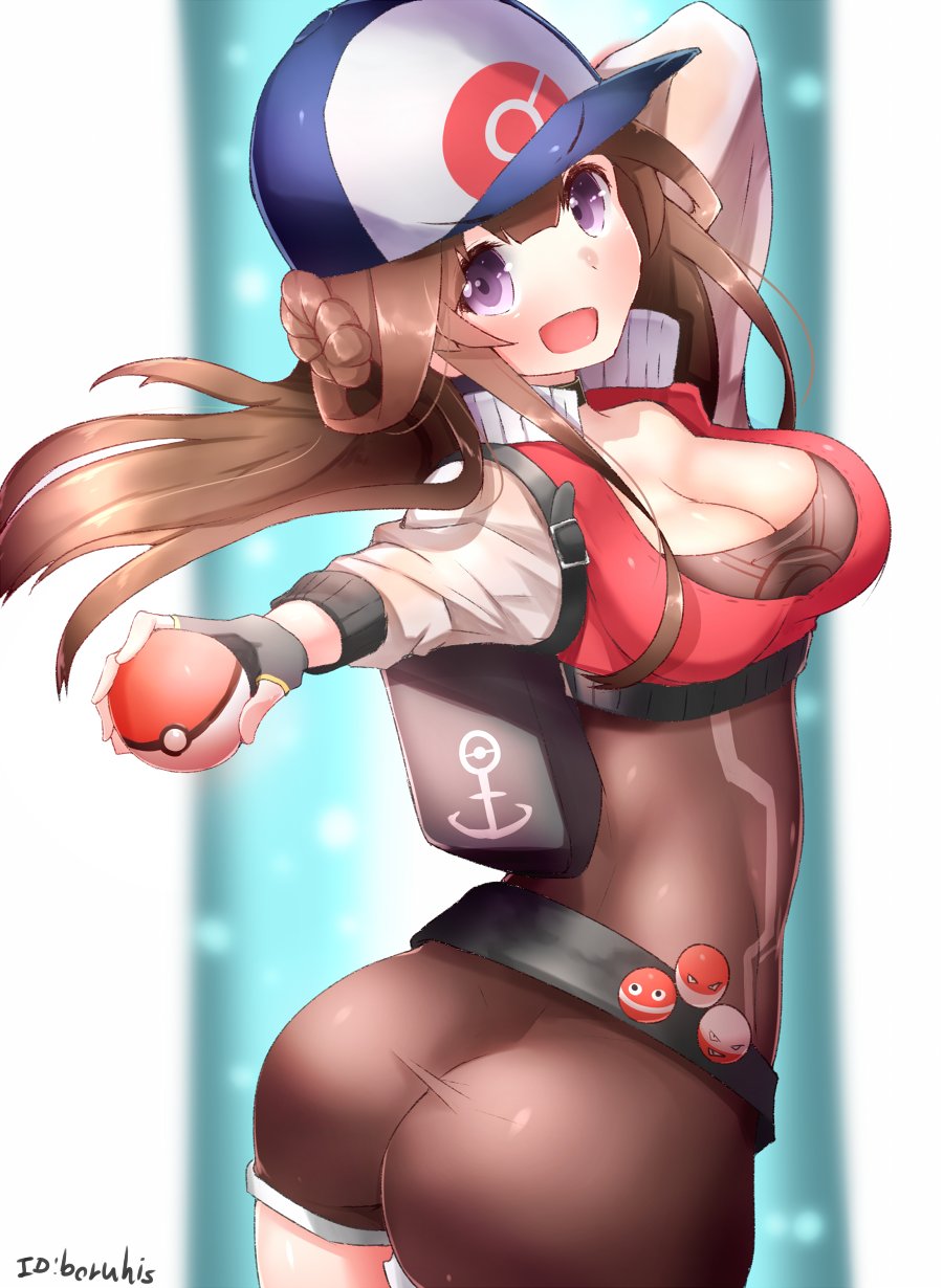 1girl alternate_costume anchor_symbol arm_up artist_name ass bangs belt black_gloves blush boruhis breasts brown_hair cleavage electrode eyebrows eyebrows_visible_through_hair fingerless_gloves floating_hair from_side gloves hair_bun hand_behind_head hat highres holding holding_poke_ball kantai_collection kongou_(kantai_collection) large_breasts long_hair looking_at_viewer open_mouth poke_ball pokemon pokemon_go shorts sidelocks solo stomach twisted_torso violet_eyes voltorb white_background