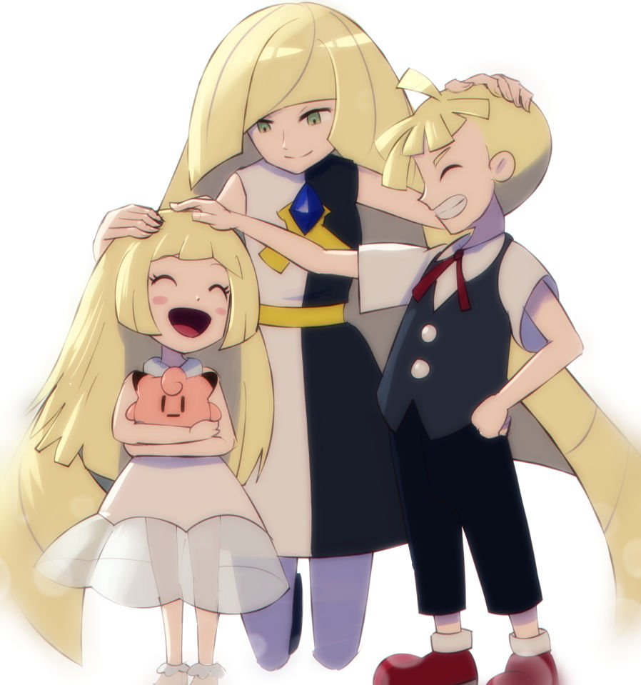 1boy 2girls ^_^ bangs black_pants black_vest blonde_hair blunt_bangs blush_stickers child clefairy closed_eyes diamond diamond_(symbol) dress family family_portrait full_body gladio_(pokemon) gonzarez green_eyes grin hand_on_hip happy hug kneeling legs light_smile lillie_(pokemon) long_hair lusamine_(pokemon) mother_and_child mother_and_daughter mother_and_son multicolored_dress multiple_girls nintendo open_mouth pants petting pokemon pokemon_(game) pokemon_sm red_shoes see-through shirt shoes short_sleeves simple_background sleeveless sleeveless_dress smile standing stuffed_toy teeth very_long_hair vest white_background white_dress white_shoes younger