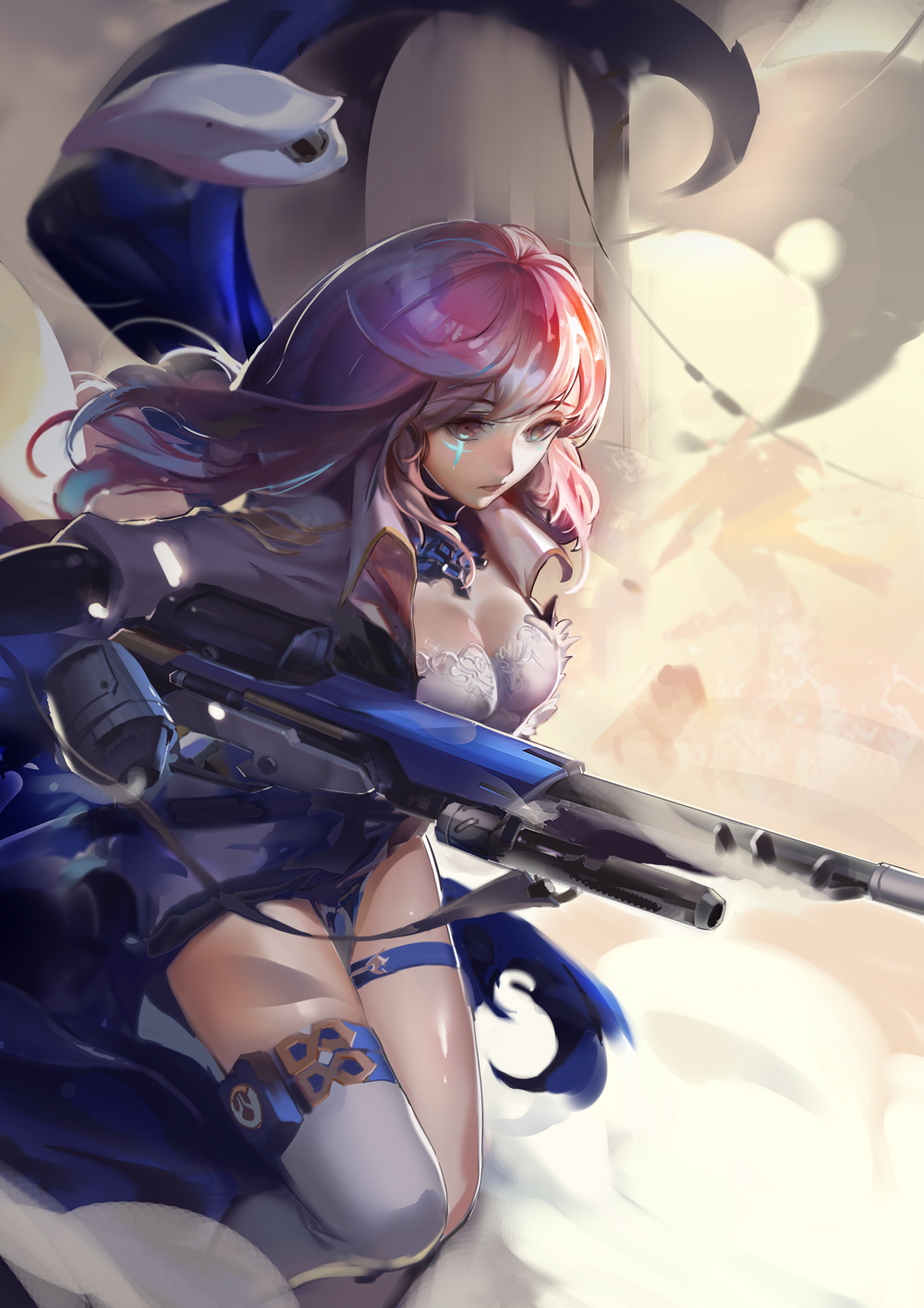 1girl ana_(overwatch) bangs breasts brown_eyes cleavage coat explosive eyebrows eyebrows_visible_through_hair eyelashes facial_mark facial_tattoo gorget gun headwear_removed highres holding holster long_hair medium_breasts outstretched_arm overwatch pink_hair rabbit_(tukenitian) rifle shiny shiny_skin silhouette single_thighhigh smoke solo_focus tattoo thigh-highs thigh_holster thigh_strap weapon white_legwear younger