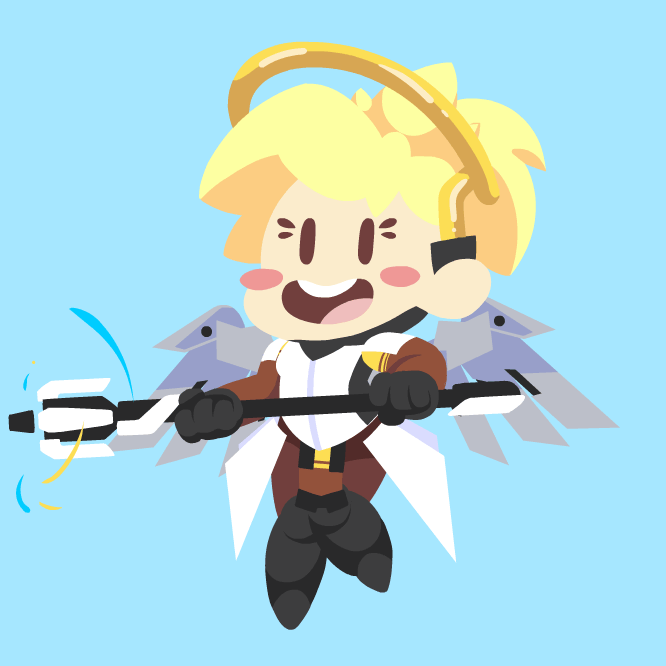 1girl :d animated animated_gif blonde_hair blue_background blush_stickers chibi commentary eyelashes high_ponytail holding holding_weapon knees_together_feet_apart long_hair looking_at_viewer mechanical_halo mechanical_wings mercy_(overwatch) open_mouth overwatch pantyhose round_teeth seamless_loop simple_background smile solid_circle_eyes solo staff teeth thecommaspace tongue weapon wings |_|