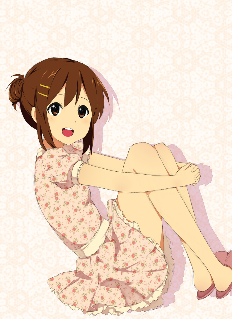 1girl brown_eyes brown_hair dress floral_background floral_print from_side hair_bun hair_ornament hairclip hirasawa_yui k-on! leg_hug looking_at_viewer no_socks pink_dress shadow slippers solo tamagoyaki_(glasses-daisuki)