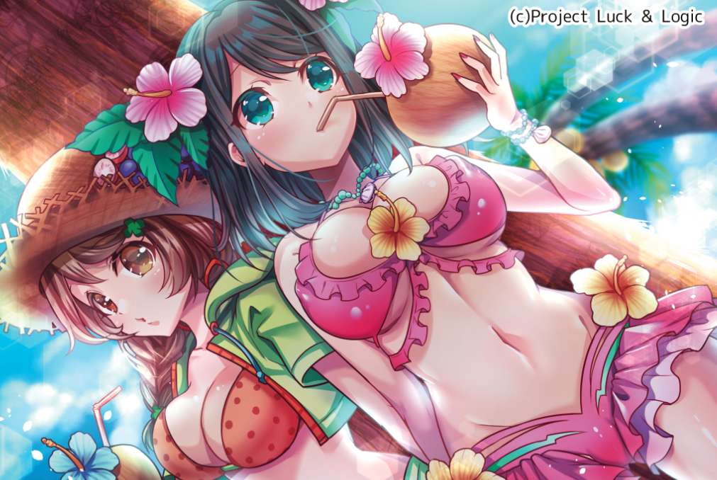 :o aqua_eyes asakishoten bangs bead_bracelet bead_necklace bendy_straw bikini black_hair blue_flower blue_sky blurry bracelet braid breasts brown_eyes brown_hair cleavage clouds clover_hair_ornament coconut coconut_tree copyright_name cropped_jacket depth_of_field drawstring drink drinking drinking_straw dutch_angle eyelashes fingernails flower food frills fruit green_jacket hair_flower hair_ornament hair_over_shoulder hair_tie hat hexagon hibiscus holding hood hood_down hooded_jacket jacket jewelry large_breasts leaf lens_flare long_fingernails long_hair looking_at_viewer looking_away low_twintails luck_&amp;_logic mouth_hold nail_polish nanahoshi_yukari navel open_clothes open_jacket orange_bikini outdoors palm_tree pink_bikini pink_flower polka_dot polka_dot_bikini red_flower red_nails sharp_fingernails shell_necklace shiny shiny_skin sky stomach straw_hat summer swept_bangs swimsuit tree twin_braids twintails under_boob under_tree watermark yellow_flower yurine_tamaki