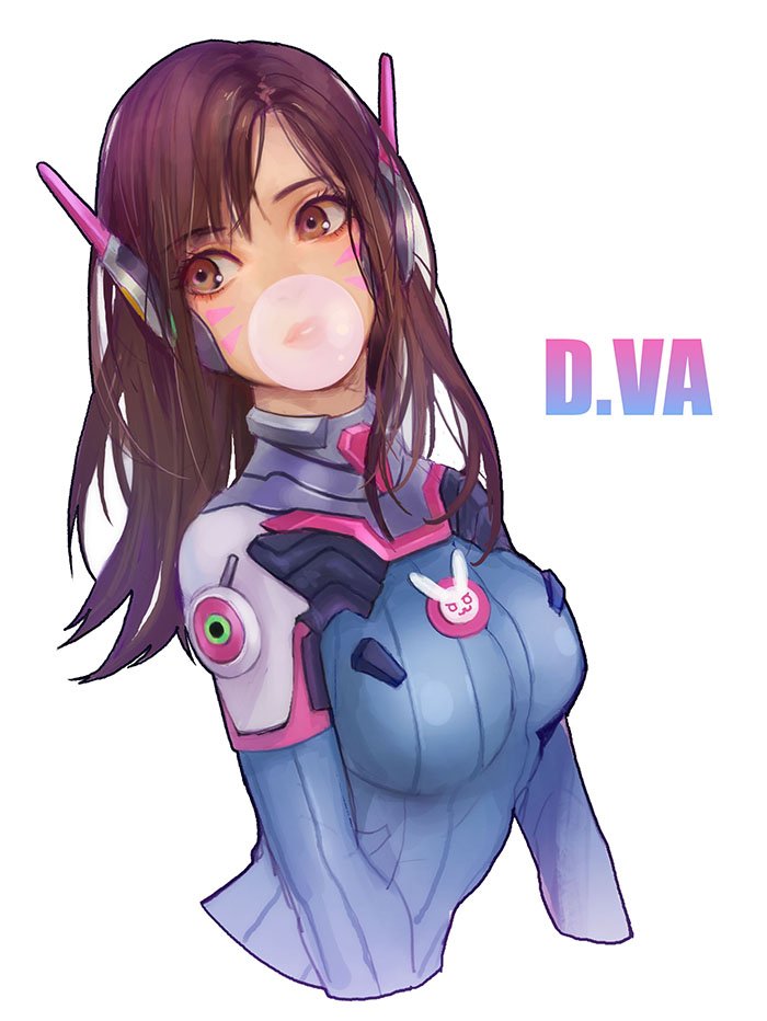 1girl bodysuit breasts brown_eyes brown_hair bubble_blowing bubblegum bunny_print character_name cropped_arms d.va_(overwatch) eyebrows eyebrows_visible_through_hair eyelashes facepaint facial_mark gum headphones long_hair medium_breasts overwatch pauldrons pilot_suit ribbed_bodysuit shoulder_pads simple_background solo turtleneck upper_body whisker_markings white_background