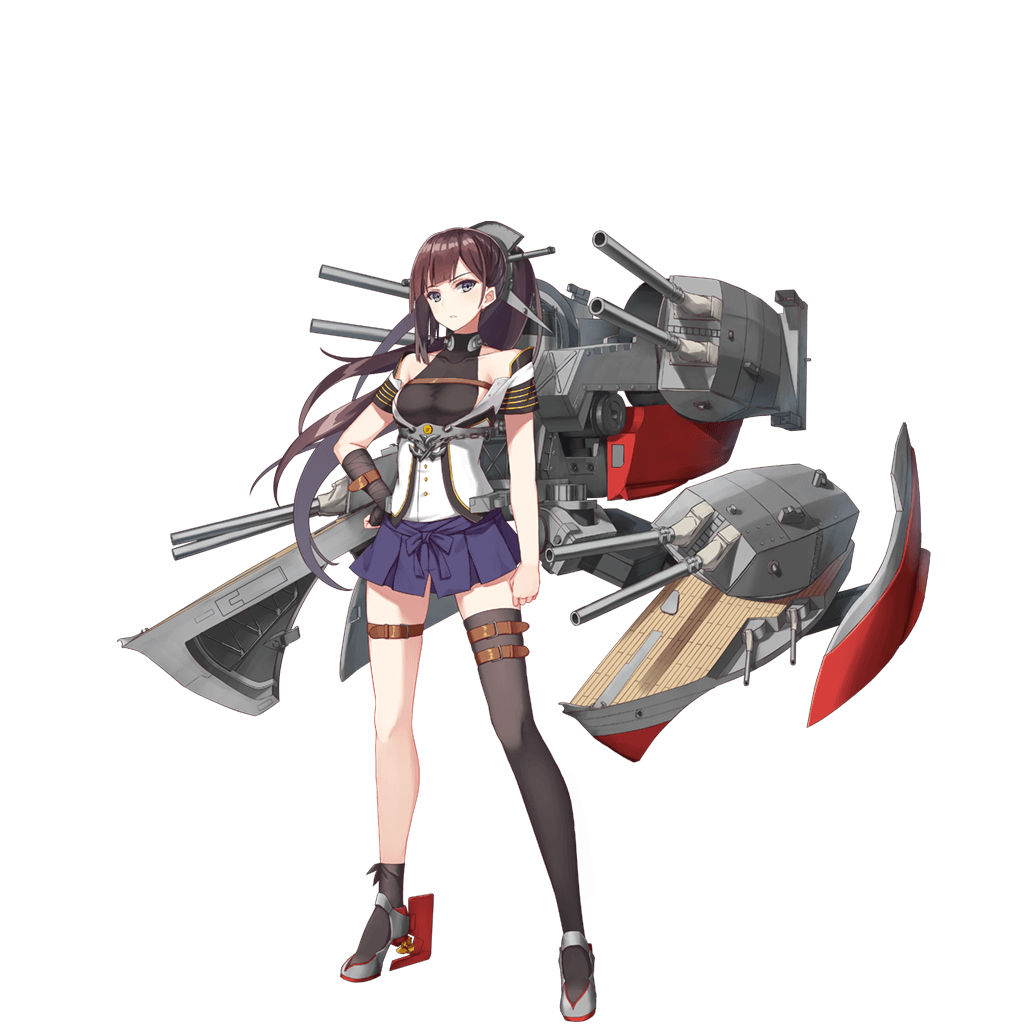 1girl anchor arm_belt asymmetrical_clothes asymmetrical_legwear bangs bare_shoulders blue_skirt blunt_bangs breasts brown_hair buttons cannon chain chest_belt collarbone framed_breasts full_body halterneck hand_on_hip handwraps headgear leg_belt legs_apart long_hair looking_at_viewer machinery nagato_(zhan_jian_shao_nyu) off_shoulder official_art open_clothes open_shirt parted_lips pleated_skirt ponytail propeller rudder_shoes shirt short_sleeves single_glove single_thighhigh skirt solo standing thigh-highs transparent_background turret violet_eyes white_shirt zhan_jian_shao_nyu zi_se