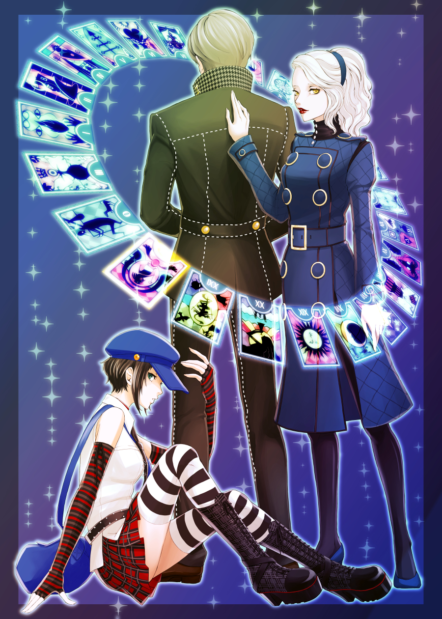 1boy 2girls back boots card elbow_gloves fingerless_gloves gloves green_eyes hairband hat highres ibisf5 leg_cling margaret marie_(persona_4) multiple_girls narukami_yuu pantyhose persona persona_4 persona_4_the_golden silver_hair striped striped_gloves striped_legwear tarot thigh-highs yellow_eyes