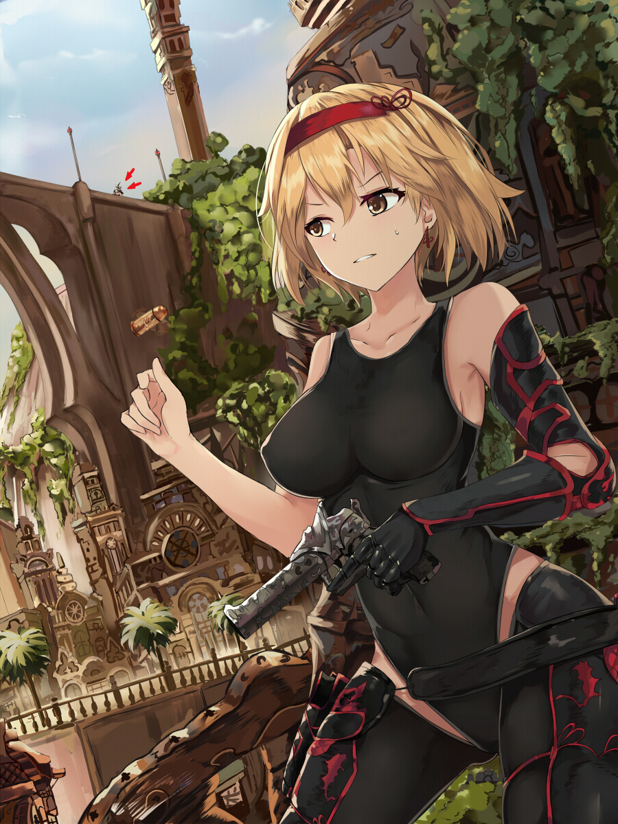 1girl ammunition belt belt_pouch black_gloves black_legwear blonde_hair blue_sky breasts brown_eyes building cartridge collarbone contrapposto cowboy_shot day directional_arrow djeeta_(granblue_fantasy) earrings gloves granblue_fantasy gun gunslinger_(granblue_fantasy) hair_ribbon hairband highres holding holding_gun holding_weapon jewelry leotard medium_breasts outdoors palm_tree parted_lips plant red_ribbon ribbon ruins short_hair single_glove sky solo_focus standing sweatdrop teeth thigh-highs tower tree trigger_discipline weapon white_crow