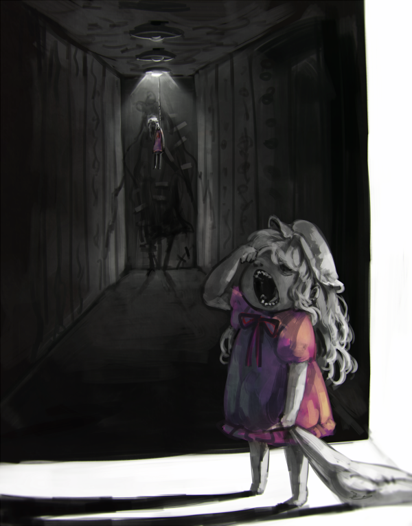 1girl blanket blanket_grab character_doll commentary creepy dress hallway hanged hanging koto_inari maribel_hearn purple_dress sleepy touhou yawning