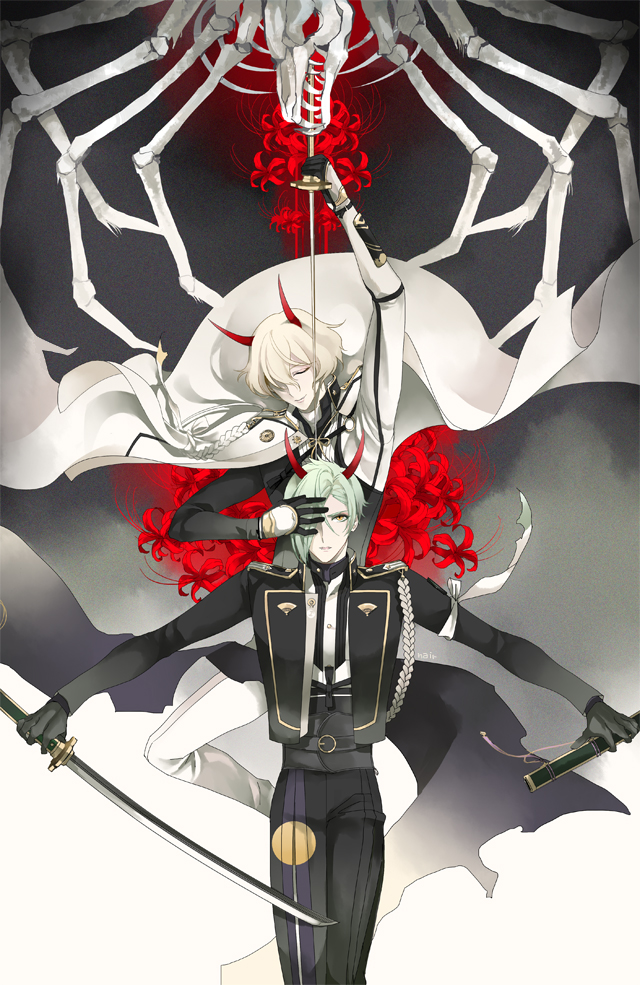 2boys black_gloves blonde_hair closed_eyes flower gloves green_hair hair_over_one_eye higekiri_(touken_ranbu) historical_revisionist hizamaru_(touken_ranbu) horns jacket_on_shoulders katana male_focus multiple_boys nair sheath skeleton smile spider_lily sword touken_ranbu weapon yellow_eyes