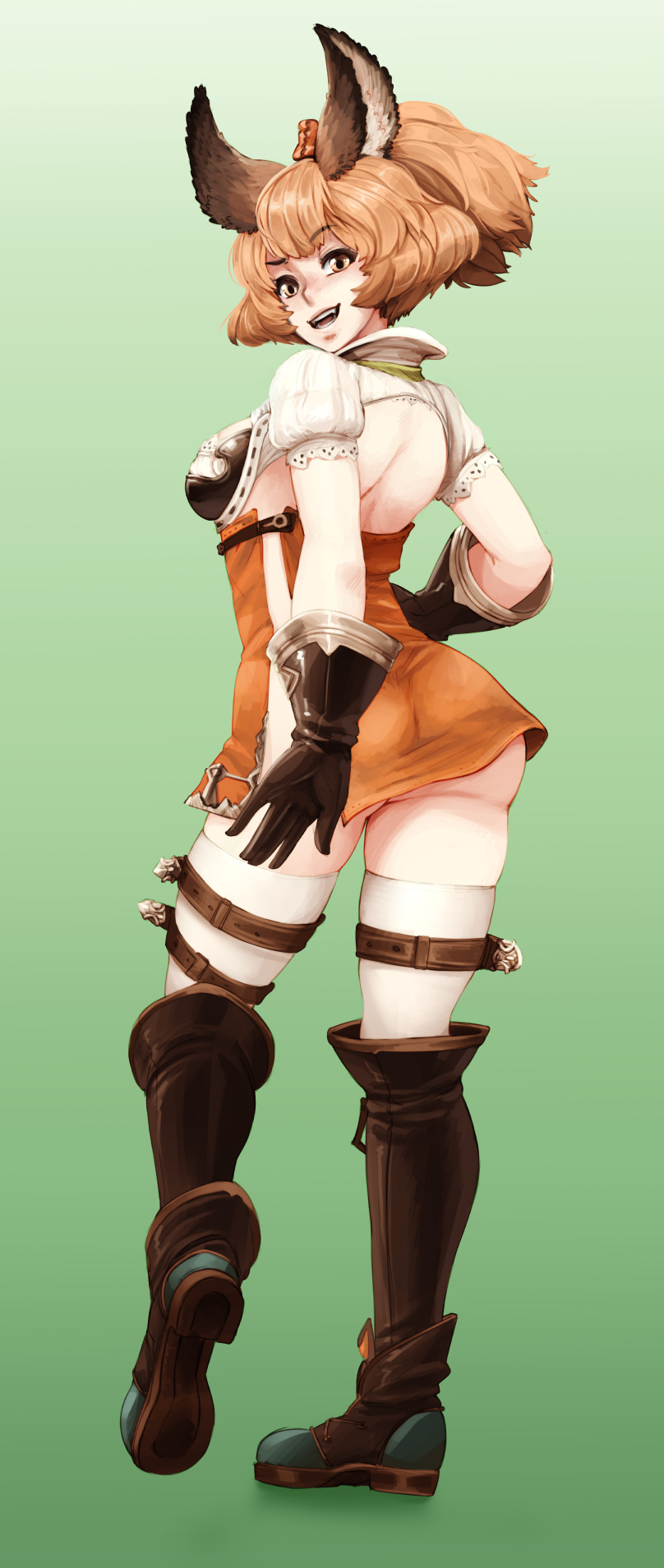 1girl :d animal_ears back barbariank boots character_request fangs from_behind gloves gradient gradient_background granblue_fantasy green_background hand_on_hip highres knee_boots looking_at_viewer looking_back open_back open_mouth orange_hair ponytail side_slit simple_background smile solo teeth thigh-highs thigh_strap white_legwear