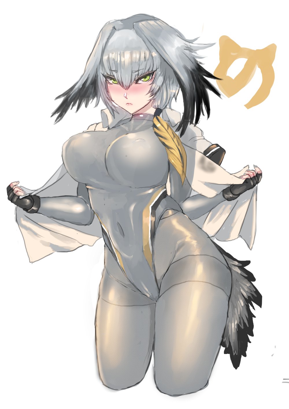 1girl bird_tail black_gloves black_hair blush bodystocking breasts commentary_request competition_swimsuit covered_navel erect_nipples fingerless_gloves gloves green_eyes grey_legwear grey_swimsuit head_wings highres jacket_on_shoulders kemono_friends large_breasts long_hair looking_at_viewer low_ponytail multicolored_hair one-piece_swimsuit orange_hair pantyhose panzer shiny shiny_clothes shiny_hair shoebill_(kemono_friends) side_ponytail silver_hair simple_background solo standing swimsuit white_background