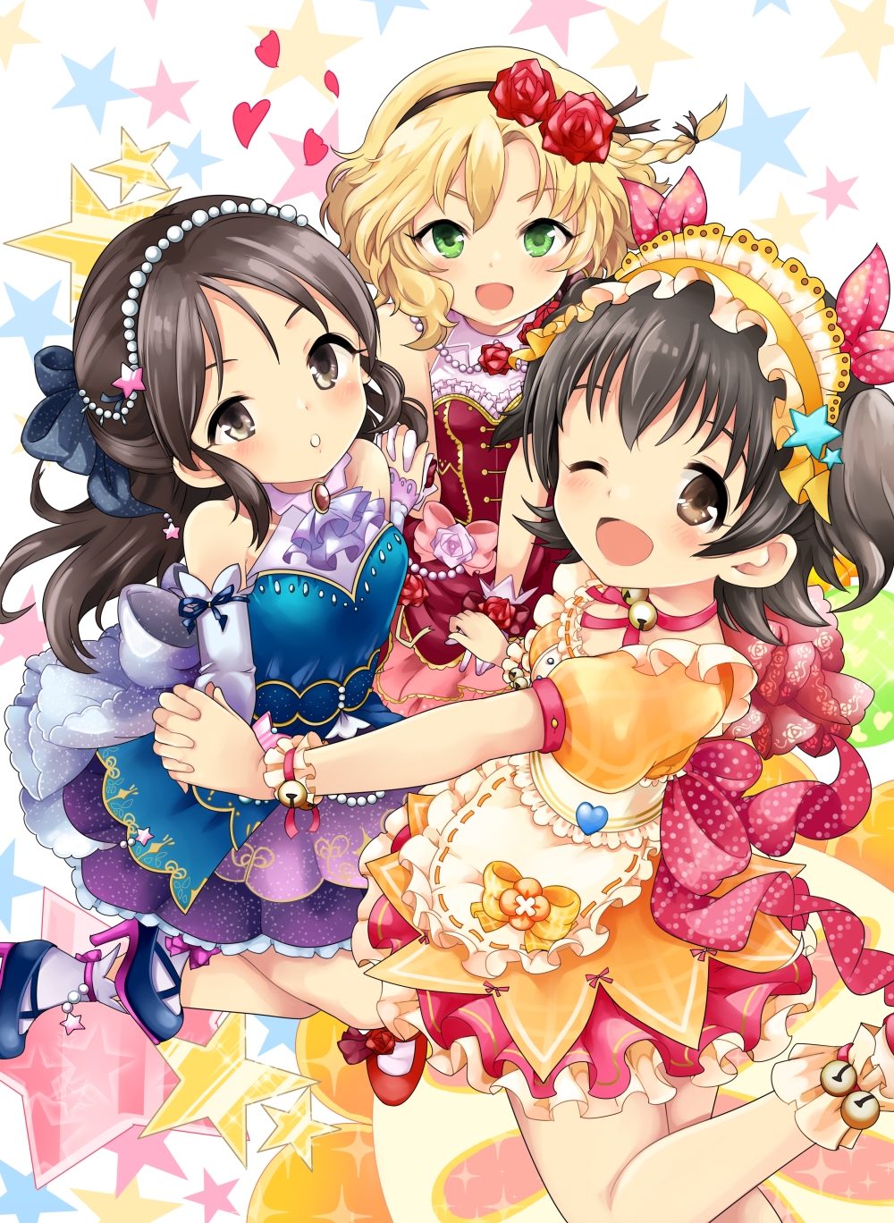 3girls :d ;d akagi_miria bell bell_choker black_hair blonde_hair blush bow brown_eyes brown_hair choker circlet cover cover_page detached_sleeves doujin_cover dress flower from_side green_eyes hair_bow hair_flower hair_ornament hairband highres holding_hands idolmaster idolmaster_cinderella_girls idolmaster_cinderella_girls_starlight_stage jingle_bell jumping long_hair looking_at_viewer morina_nao multiple_girls one_eye_closed open_mouth puffy_short_sleeves puffy_sleeves sakurai_momoka short_hair short_sleeves smile star_hair_ornament tachibana_arisu twintails