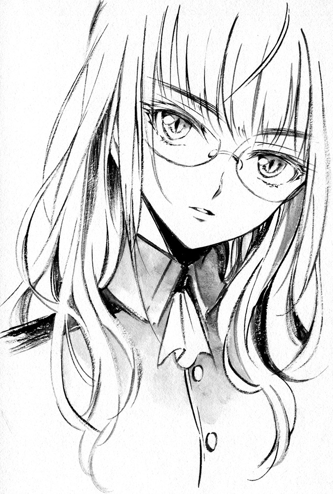 1girl agahari glasses long_hair looking_at_viewer military military_uniform monochrome parted_lips perrine_h_clostermann solo strike_witches traditional_media uniform