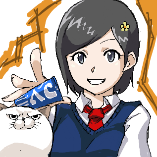 1girl ac_japan animal anon artist_request bangs black_eyes black_hair blue_sweater can cat cat_(ac_japan) collared_shirt flower hair_flower hair_ornament hairclip hairpin holding holding_can jaggy_line long_sleeves looking_at_viewer lowres necktie oekaki outstretched_hand red_necktie school_uniform schoolgirl_(ac_japan) shirt short_hair simple_background smile soda soda_can solo sweater swept_bangs white_background white_cat white_shirt yellow_flower
