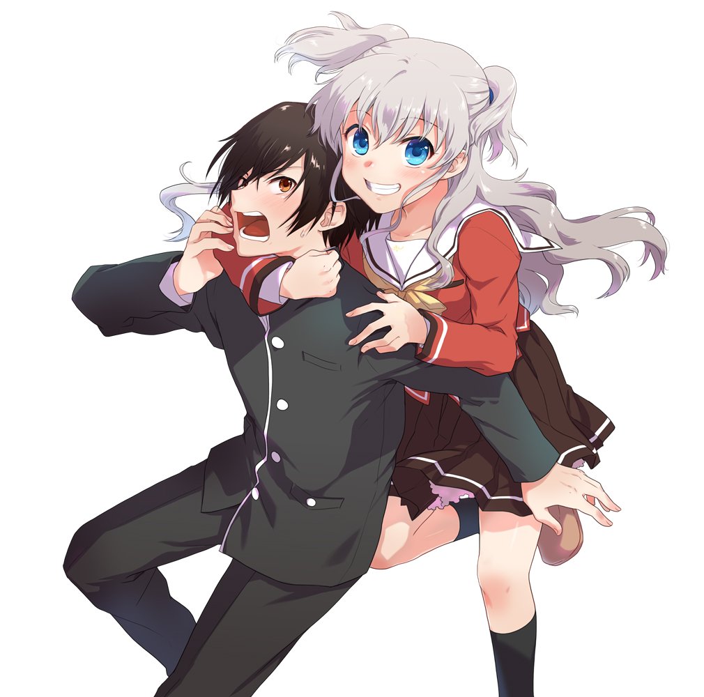 1boy 1girl arm_around_neck black_eyes black_hair black_skirt blue_eyes charlotte_(anime) full_body grin long_hair looking_at_viewer misaki_juri otosaka_yuu pleated_skirt red_shirt school_uniform serafuku shirt short_hair silver_hair simple_background skirt smile tomori_nao two_side_up white_background white_sailor_collar