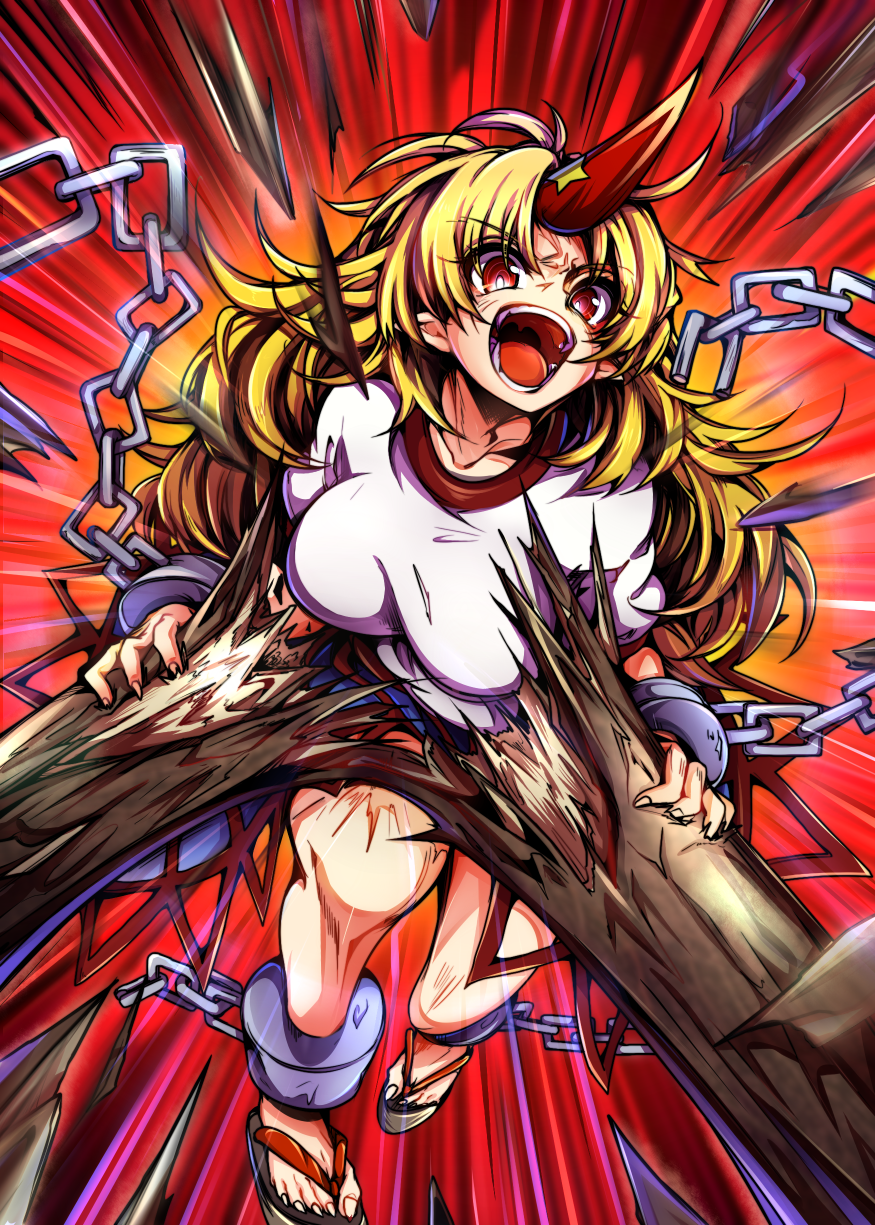 1girl action baba_(baba_seimaijo) bangs blue_skirt breaking breasts collarbone cuffs emphasis_lines eyebrows eyebrows_visible_through_hair eyes_visible_through_hair feet highres horn hoshiguma_yuugi legs long_hair medium_breasts messy_hair open_mouth orange_background pointy_ears rage_face red_background shackles sharp_toenails shirt skirt solo star striped striped_skirt strong teeth thighs toenails tongue touhou tree very_long_hair white_shirt zouri