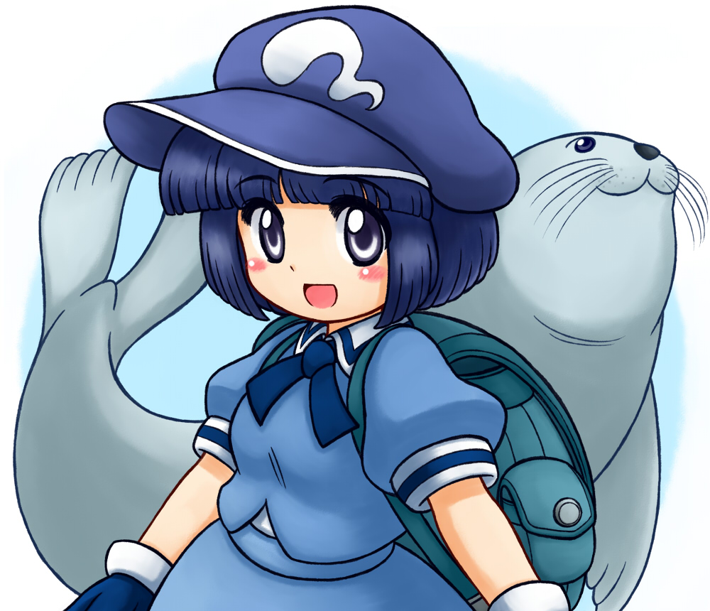 1girl ascot backpack bag black_hair blue_hat blue_shirt blue_skirt blush collared_shirt commentary_request dark_haired_kappa eyebrows_visible_through_hair gloves hat kappa_mob looking_at_viewer looking_up manzairaku nitamago open_mouth seal shirt short_hair short_sleeves skirt skirt_set smile touhou two-tone_background upper_body violet_eyes wild_and_horned_hermit