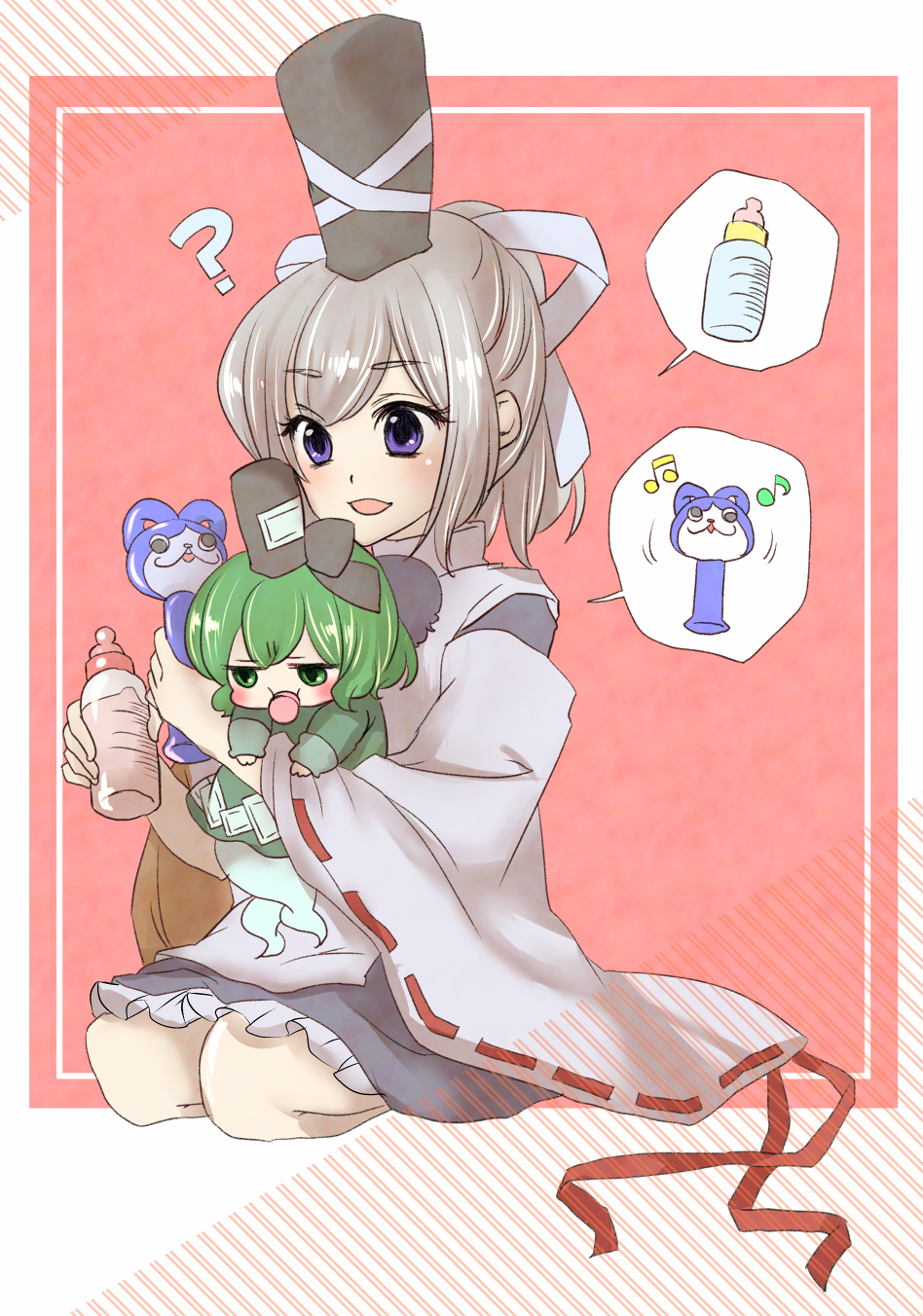 2girls :d ? baby baby_bottle blue_eyes blush bottle commentary full_body ghost_tail green_eyes green_hair hat highres hug hug_from_behind japanese_clothes kariginu long_sleeves mimippu mononobe_no_futo multiple_girls open_mouth pacifier ponytail ribbon-trimmed_sleeves ribbon_trim seiza short_hair silver_hair sitting smile soga_no_tojiko spoken_object tate_eboshi touhou wide_sleeves younger