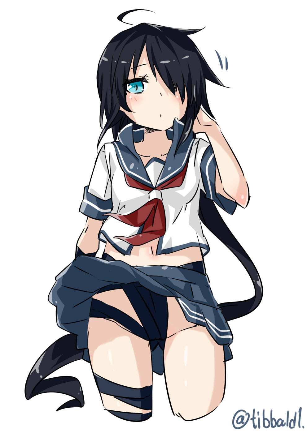 1girl ahoge bangs black_hair blue_eyes blue_skirt blush closed_mouth collarbone cowboy_shot cropped_legs ebifurya eyebrows eyebrows_visible_through_hair groin hair_over_one_eye hand_in_hair hand_up highres kako_(kantai_collection) kantai_collection looking_at_viewer midriff motion_lines navel neckerchief one_eye_covered pleated_skirt sarashi school_uniform serafuku short_sleeves shorts simple_background skirt solo stomach twitter_username white_background wind wind_lift