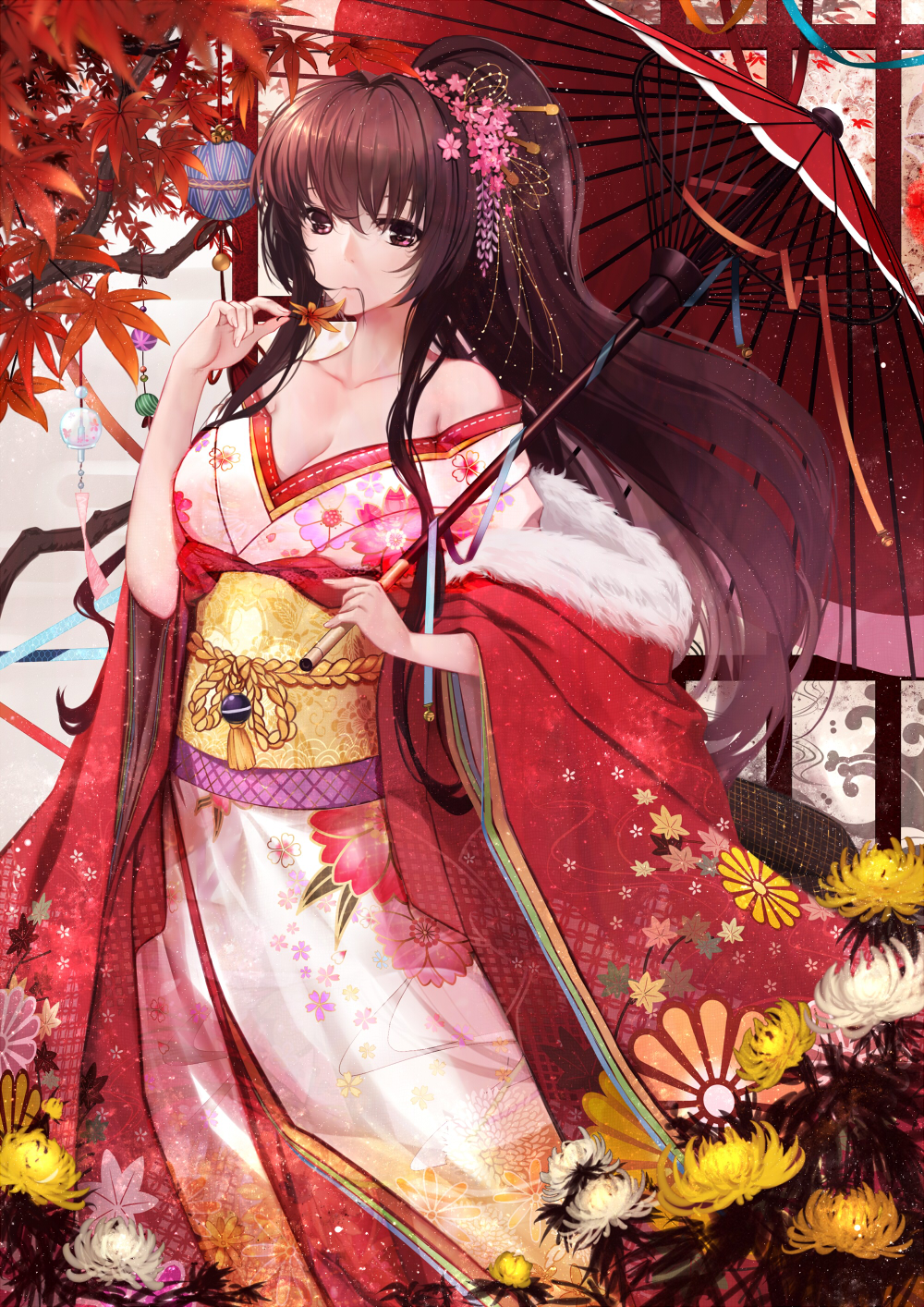 1girl alternate_costume autumn_leaves bare_shoulders breasts brown_hair cleavage cloudy.r flower hair_in_mouth hair_ornament hair_stick highres japanese_clothes kantai_collection kimono long_hair looking_at_viewer off_shoulder oriental_umbrella ponytail red_eyes solo umbrella very_long_hair yamato_(kantai_collection)