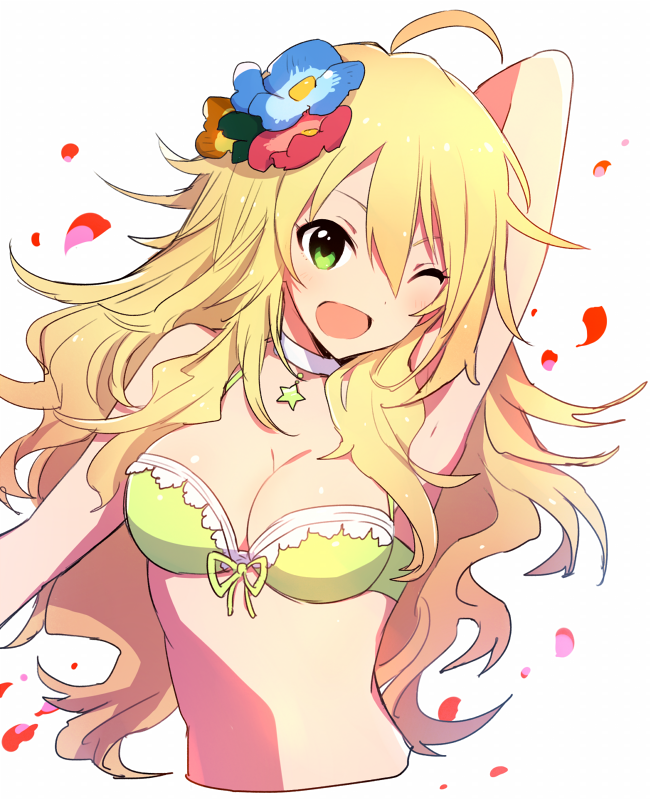 1girl ;d arm_behind_head blonde_hair bra breasts cleavage flower green_eyes hair_flower hair_ornament hoshii_miki idolmaster long_hair looking_at_viewer one_eye_closed open_mouth oro_(sumakaita) petals simple_background smile solo underwear white_background yellow_bra