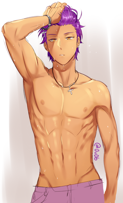1boy arm_up bracelet cowboy_shot cross cross_necklace ensemble_stars! hand_in_hair jewelry looking_at_viewer male_focus navel necklace nipples otogari_adonis parted_lips purple_hair simple_background solo tan_skin topless twitter_username wet wet_hair yellow_eyes zhineart