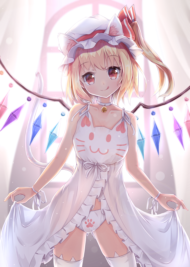 1girl adapted_costume animal_ears bell bell_choker blonde_hair cat_ears cat_lingerie choker collarbone flandre_scarlet hat hat_ribbon head_tilt jingle_bell kemonomimi_mode licking_lips lingerie looking_at_viewer mob_cap negligee panties red_eyes red_ribbon ribbon shiero. smile solo thigh-highs tongue tongue_out touhou underwear white_legwear white_panties white_ribbon wings