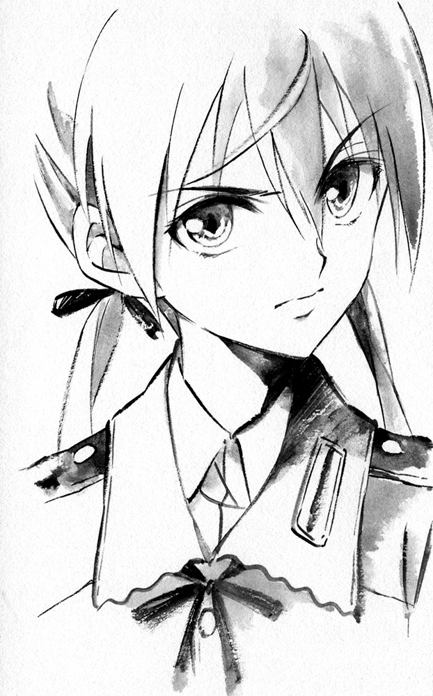 1girl agahari gertrud_barkhorn hair_ribbon looking_at_viewer military military_uniform monochrome ribbon solo strike_witches traditional_media twintails uniform