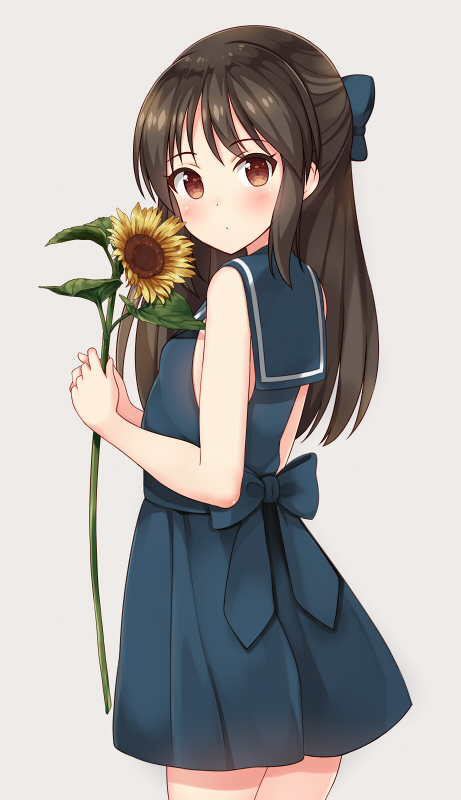 1girl blush bow brown_eyes brown_hair flower hair_bow idolmaster idolmaster_cinderella_girls long_hair looking_back school_uniform serafuku shuuichi simple_background sleeveless solo sunflower tachibana_arisu