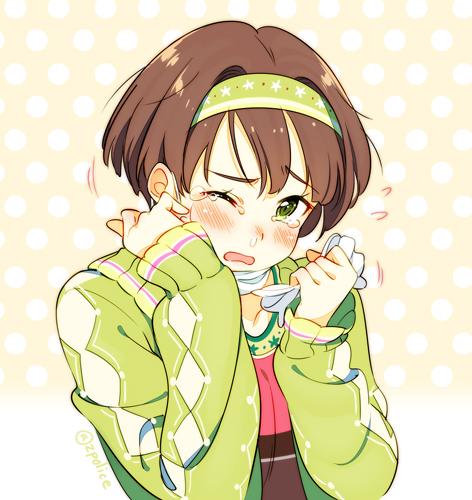 1girl blush brown_hair green_eyes hairband hay_fever head_tilt holding lowres motion_lines nose_blush one_eye_closed open_mouth orange_background original polka_dot polka_dot_background runny_nose short_hair sleeves_past_wrists solo sweater tears tissue upper_body zpolice