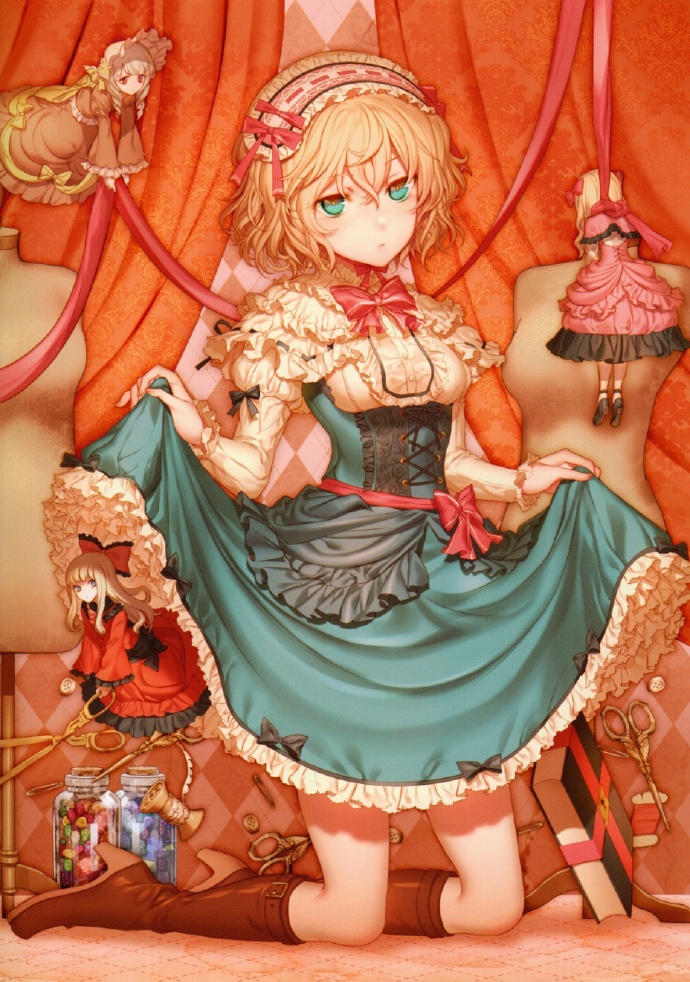 1girl alice_margatroid aqua_eyes argyle argyle_background blonde_hair book boots capelet corset curtains doll dress dress_lift embellished_costume expressionless frilled_dress frills full_body hair_ribbon hairband kikugetsu kneeling lolita_hairband long_hair long_sleeves looking_at_viewer petticoat puffy_sleeves ribbon sash scissors short_hair touhou underbust wide_sleeves