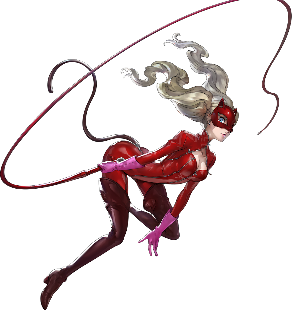 1girl atlus blonde_hair blue_eyes bodysuit boots breasts cat_mask cleavage fake_tail gloves long_hair mask official_art persona persona_5 soejima_shigenori solo tail takamaki_ann thigh-highs thigh_boots twintails whip zipper
