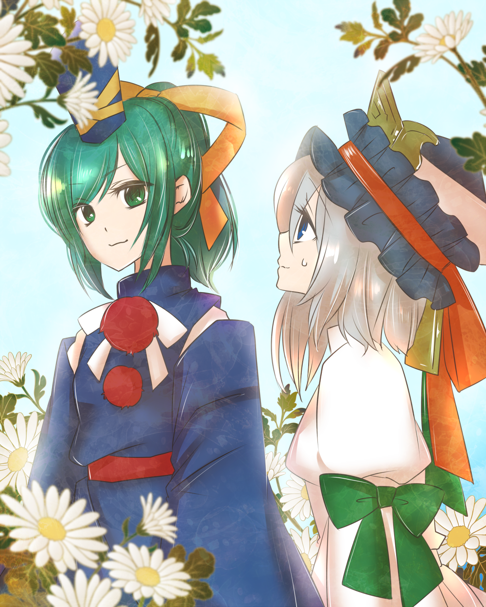 2girls alternate_costume alternate_hairstyle alternate_headwear arm_garter blue_eyes bow commentary_request flower green_bow green_eyes green_hair hat highres japanese_clothes juliet_sleeves kariginu long_sleeves looking_at_another mimippu mononobe_no_futo multiple_girls pom_pom_(clothes) ponytail puffy_sleeves sash shiki_eiki short_hair silver_hair smile sweat tate_eboshi touhou upper_body wide_sleeves