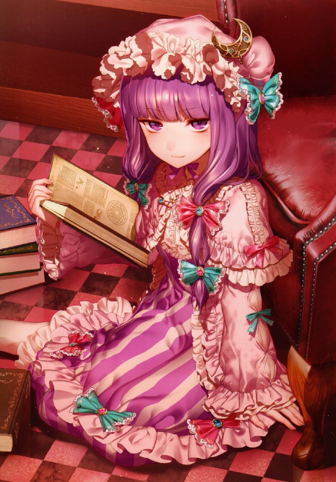 1girl book capelet checkered checkered_floor crescent dress embellished_costume hair_ribbon hat kikugetsu long_hair long_sleeves looking_at_viewer mob_cap open_book patchouli_knowledge purple_hair ribbon sitting smile solo striped striped_dress touhou tress_ribbon violet_eyes wide_sleeves
