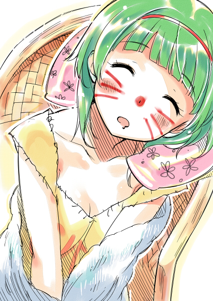 1girl blush chair closed_eyes clothes_writing collarbone drooling face_painting green_hair hairband neck_pillow open_mouth original red_nose shirt short_hair sleeping solo upper_body whisker_markings yellow_shirt zpolice