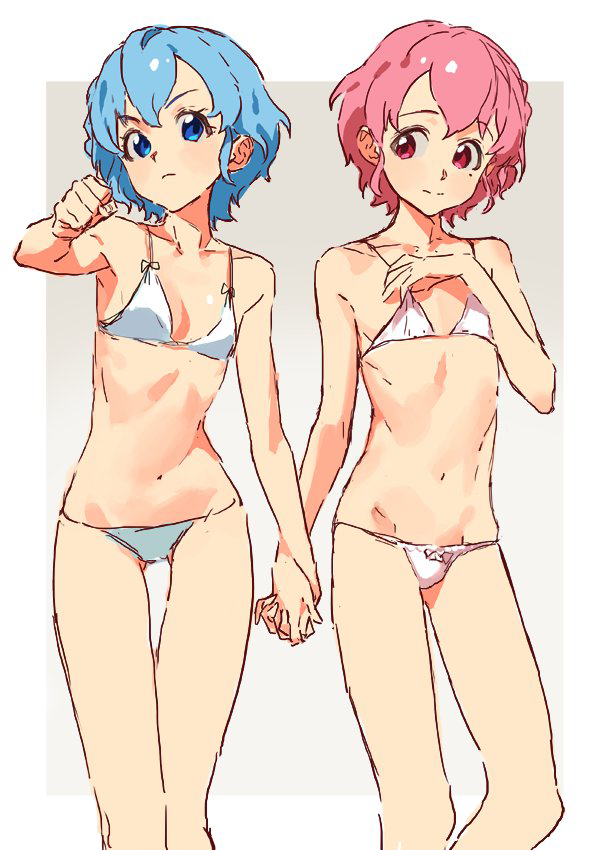 1boy 1girl bikini blue_eyes blue_hair breasts cleavage clenched_hand dorothy_west holding_hands leona_west looking_at_viewer mole mole_under_eye multiple_girls navel otoko_no_ko pink_eyes pink_hair pripara rr_(suisse200) short_hair swimsuit