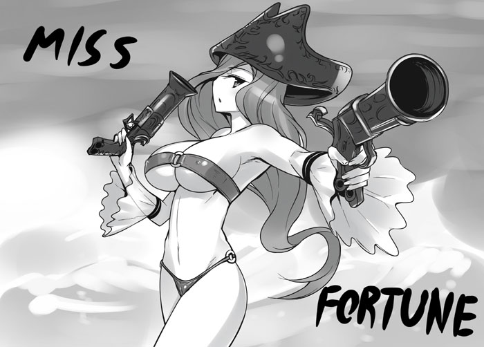 1girl bare_shoulders beltbra breasts character_name cleavage cowboy_shot darabuchi detached_sleeves dual_wielding foreshortening greyscale groin gun hat large_breasts league_of_legends long_hair looking_at_viewer monochrome navel o-ring_bottom pirate_hat sarah_fortune solo weapon wide_sleeves