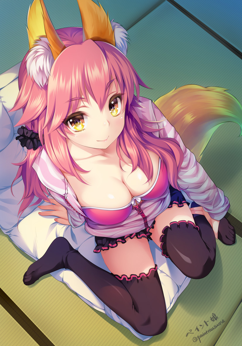 1girl animal_ears breasts caster_(fate/extra) casual cleavage fate/extra fate/extra_ccc fate_(series) fox_ears fox_tail long_hair looking_up pink_hair scrunchie smile solo tail tatami thigh-highs yellow_eyes youqiniang
