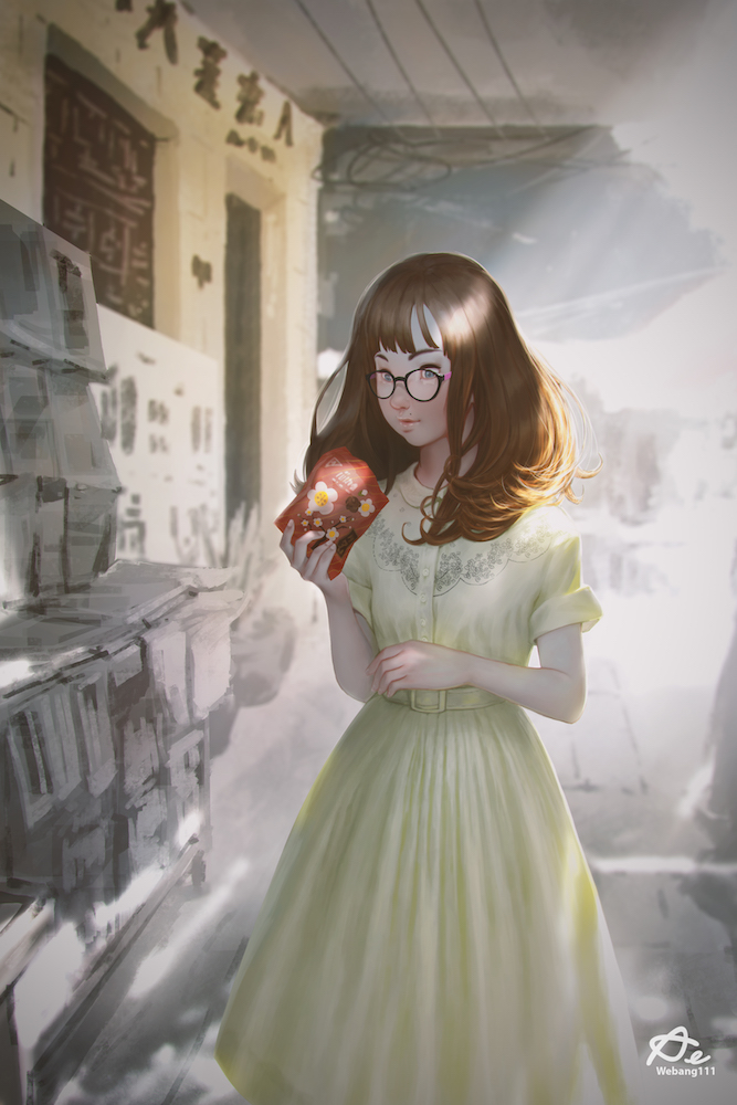 1girl akekarat_sumatchaya artist_name blue_eyes blurry brown_hair building cable commentary depth_of_field dress glasses holding_bag light_rays lips long_hair looking_at_viewer mole original outdoors solo standing sunbeam sunlight text upper_body watermark yellow_dress