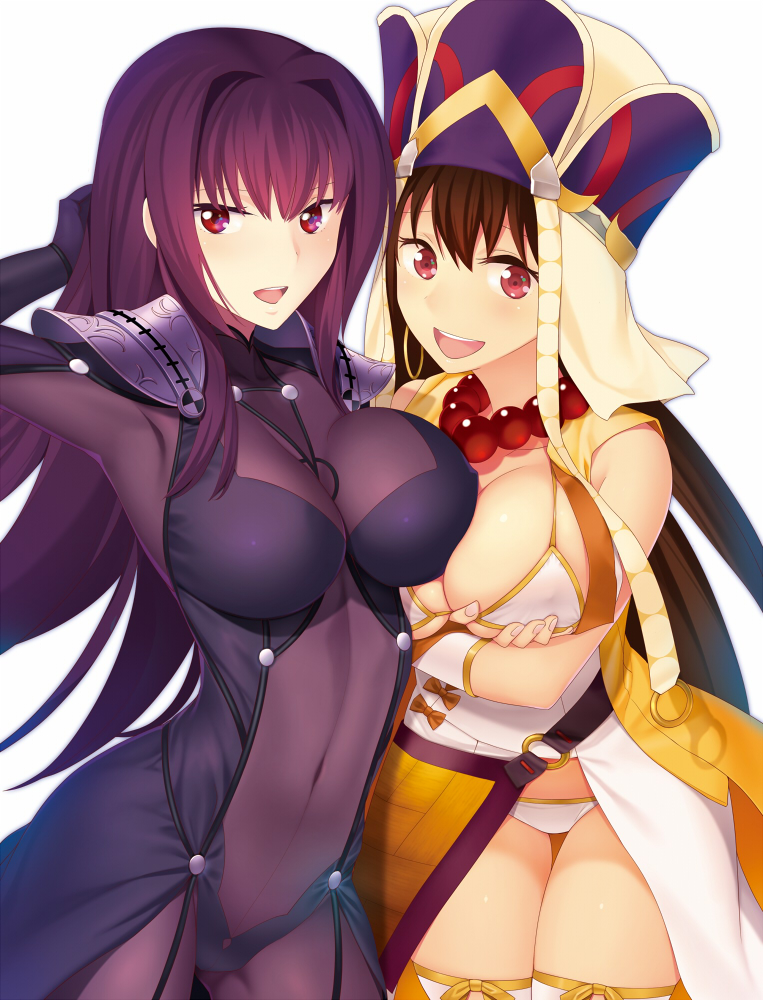2girls :d arm_behind_head armor bodysuit breasts brown_hair cleavage covered_navel fate/grand_order fate_(series) hat long_hair looking_at_viewer multiple_girls nichiru open_mouth purple_hair revealing_clothes scathach_(fate/grand_order) shoulder_armor smile thigh-highs violet_eyes white_legwear xuanzang_(fate/grand_order)