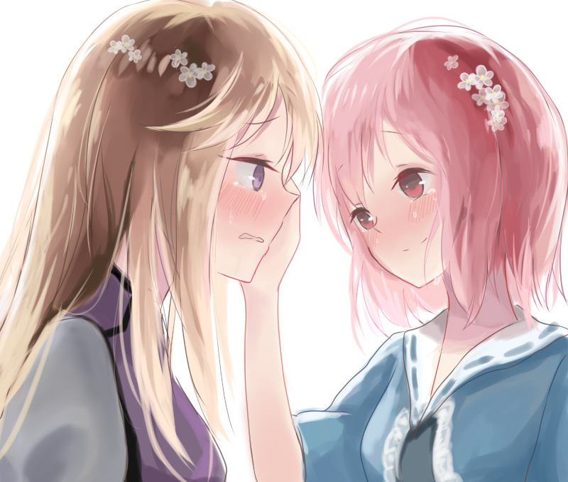 2girls ai635623656 backlighting bangs blonde_hair blush breasts crying crying_with_eyes_open dress flower hair_flower hair_ornament hand_on_another's_face happy happy_tears japanese_clothes kimono multiple_girls pink_eyes pink_hair ribbon-trimmed_collar ribbon_trim saigyouji_yuyuko short_hair short_sleeves simple_background smile tabard teardrop tears touhou violet_eyes wavy_mouth white_background white_dress yakumo_yukari