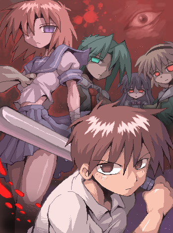 1boy 4girls bandages baseball_bat blonde_hair blood blue_hair brown_eyes creepy furude_rika green_eyes green_hair higurashi_no_naku_koro_ni holding holding_weapon houjou_satoko kurogarasu long_hair looking_at_viewer lowres maebara_keiichi multiple_girls orange_hair red_eyes ryuuguu_rena school_uniform serafuku short_hair sonozaki_mion weapon