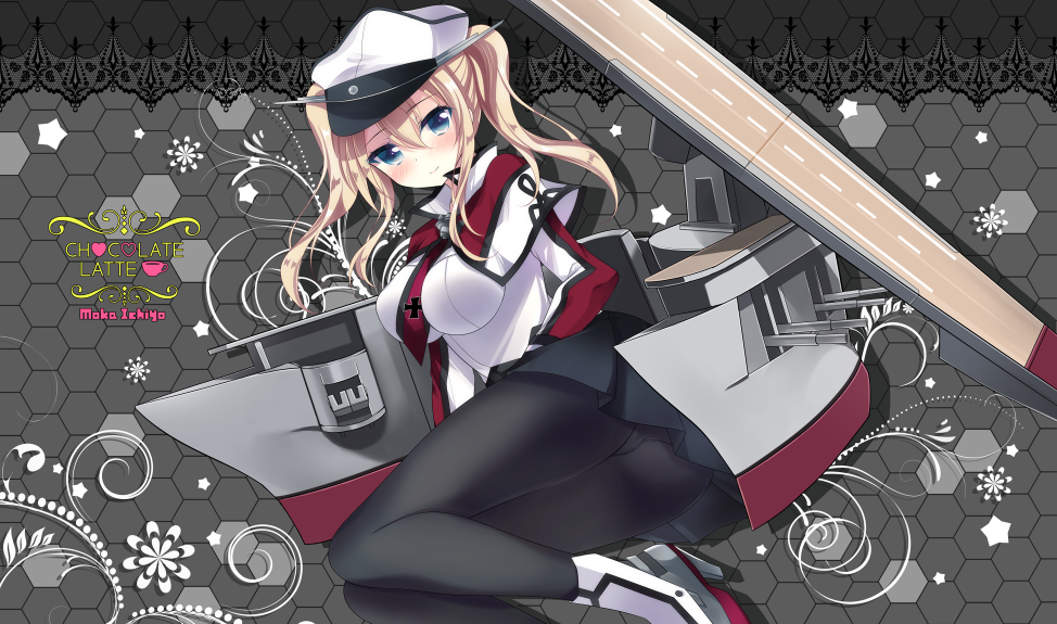 1girl blonde_hair blue_eyes caplet graf_zeppelin_(kantai_collection) hat ichiyou_moka iron_cross kantai_collection legs looking_at_viewer military military_uniform necktie pantyhose peaked_cap pleated_skirt skirt smile thighs twintails uniform white_hat