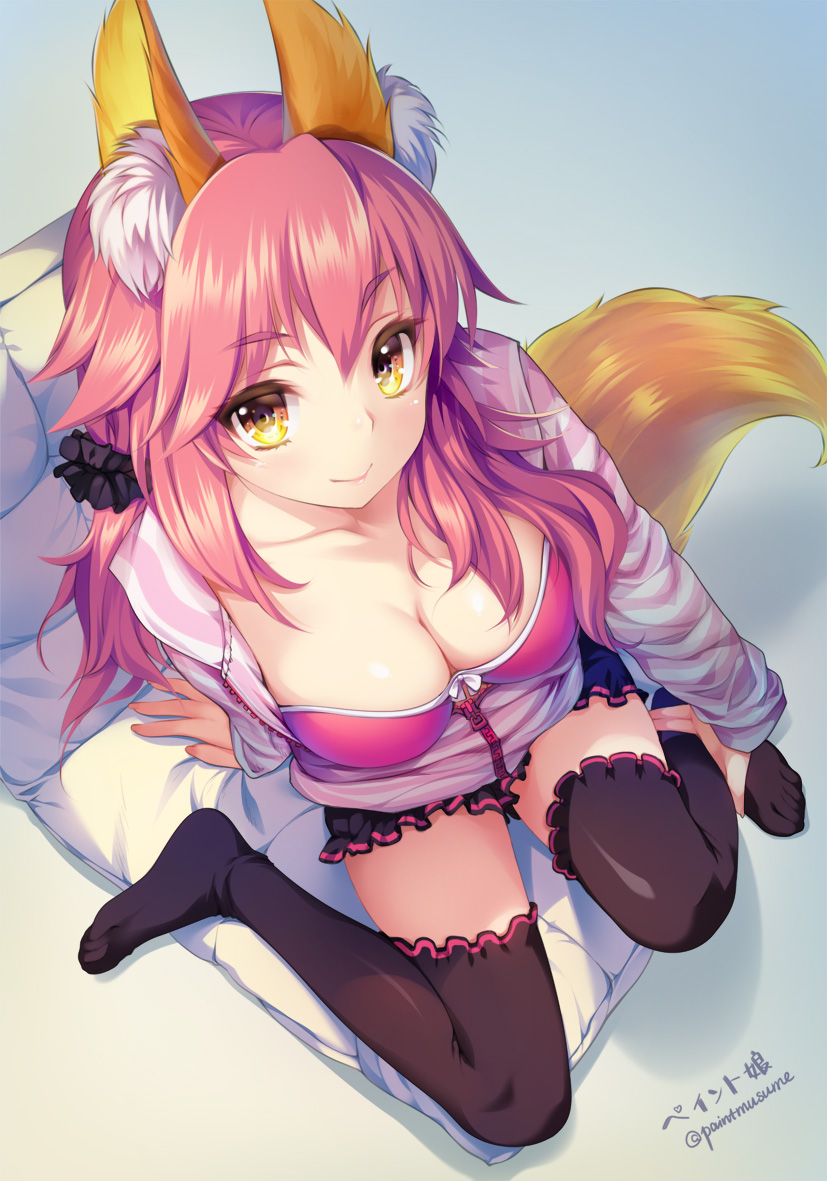 1girl animal_ears breasts caster_(fate/extra) casual cleavage fate/extra fate/extra_ccc fate_(series) fox_ears fox_tail long_hair looking_up pink_hair scrunchie simple_background smile solo tail thigh-highs yellow_eyes youqiniang