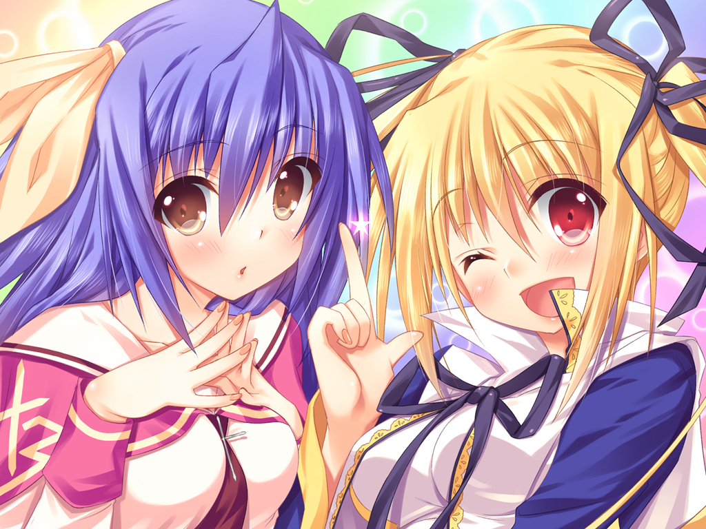 2girls black_bow black_ribbon blonde_hair blue_hair blush bow bowtie breasts brown_eyes bubble bubble_background christianity close-up cross eyebrows eyebrows_visible_through_hair fingernails fingers fingers_together fringe game_cg hair_bow hair_ribbon hands happy index_finger_raised kujou_ria kururu_(princess_witches) long_hair looking_at_viewer multiple_girls nail_polish necktie one_eye_closed open_mouth pencil_royale_heroines_collection princess_witches red_eyes red_necktie ribbon school_uniform shirt simple_background small_breasts smile star tongue twinkle_crusaders twintails upper_body yuku_(kiollion)